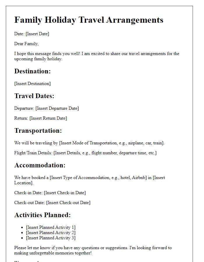 Letter template of family holiday travel arrangements