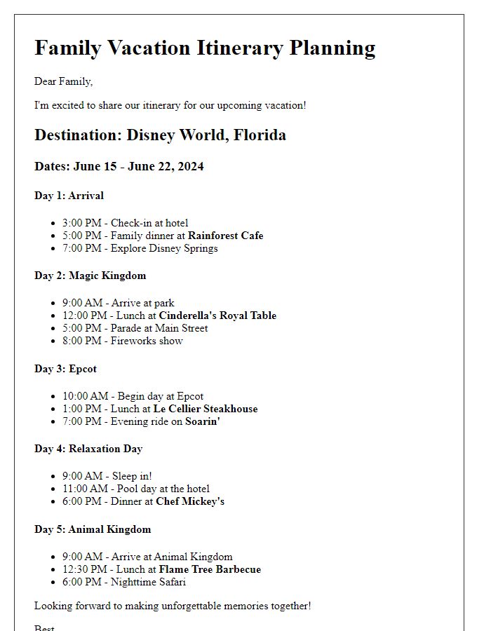 Letter template of family vacation itinerary planning