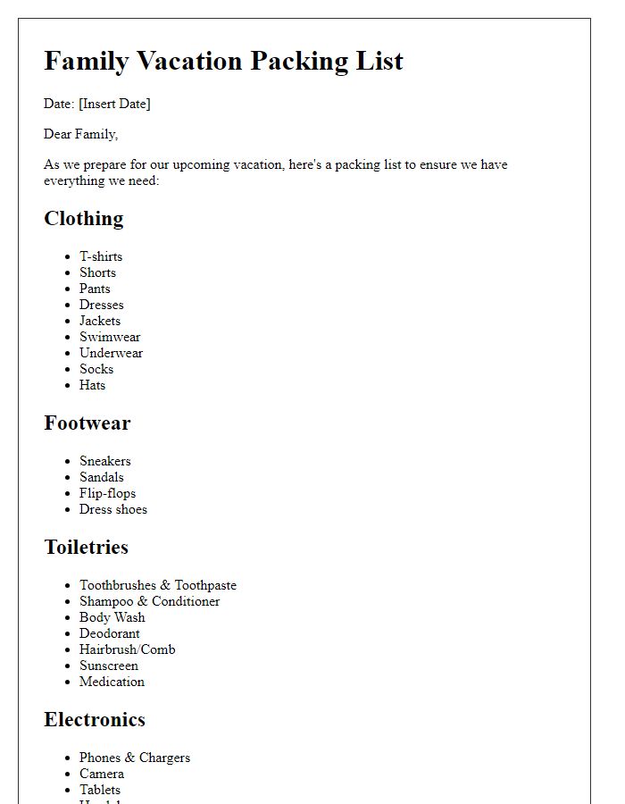 Letter template of family vacation packing list