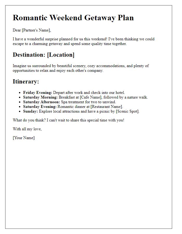 Letter template of a romantic weekend getaway plan.