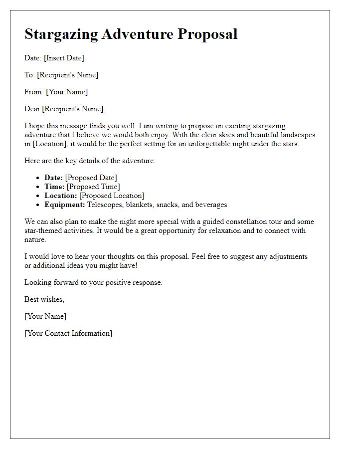 Letter template of a stargazing adventure proposal.