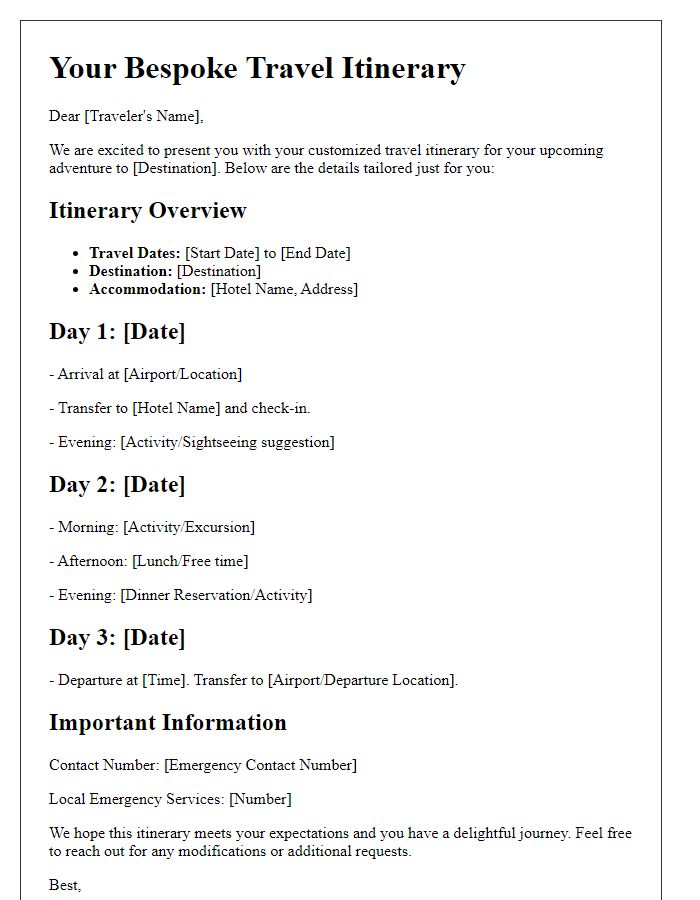 Letter template of bespoke travel itinerary for leisure travelers