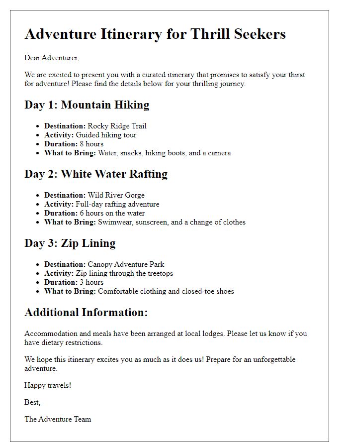 Letter template of curated itinerary for adventure seekers