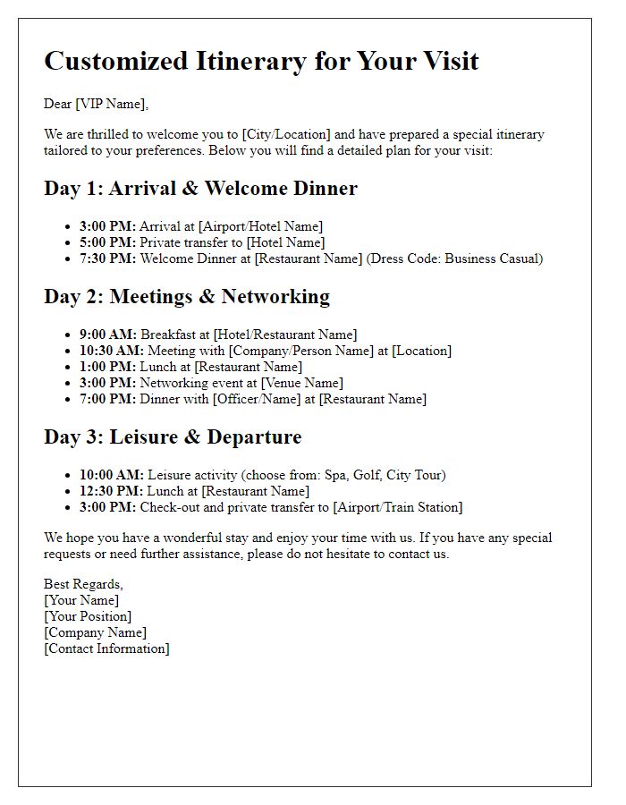 Letter template of customized guest itinerary for VIP visitors