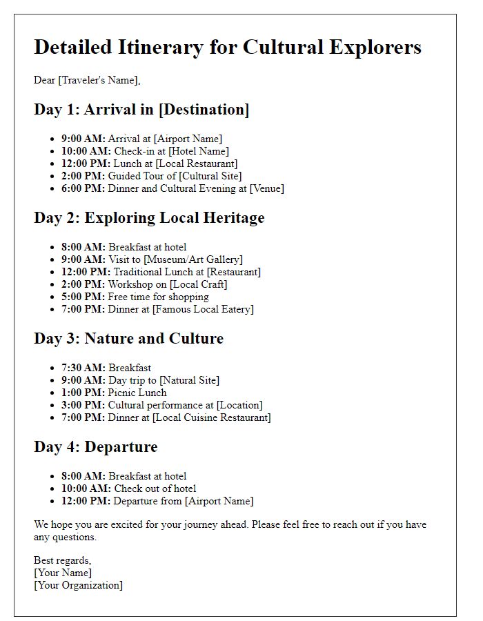 Letter template of detailed itinerary for cultural explorers