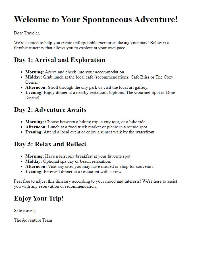 Letter template of flexible guest itinerary for spontaneous travelers