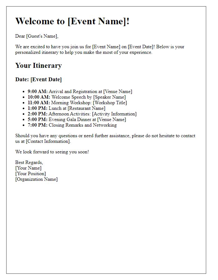 Letter template of individualized itinerary for special events guests