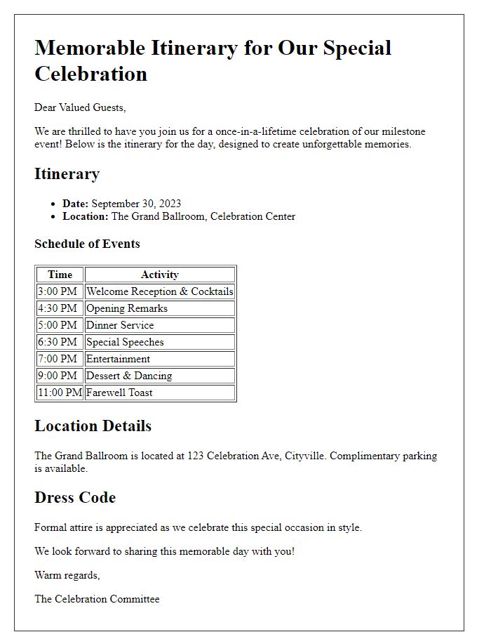 Letter template of memorable itinerary for milestone celebration guests