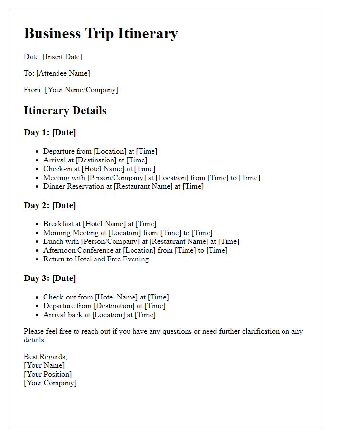 Letter template of structured itinerary for business trip attendees