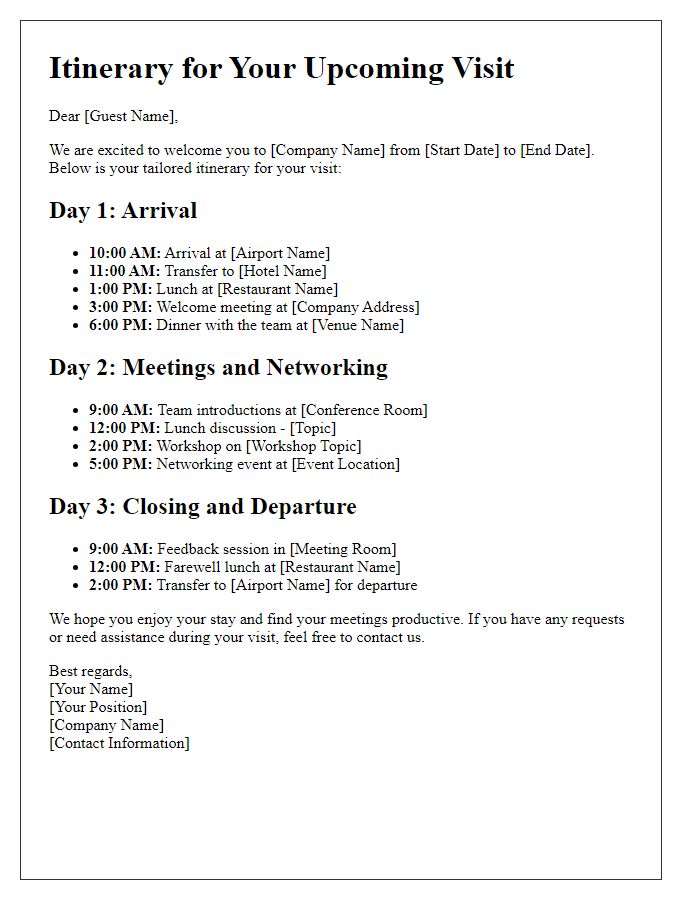 Letter template of tailored itinerary for corporate guests