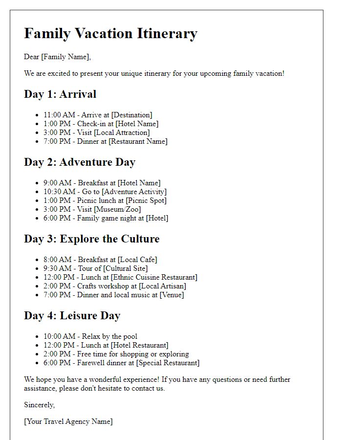 Letter template of unique itinerary for family vacationers