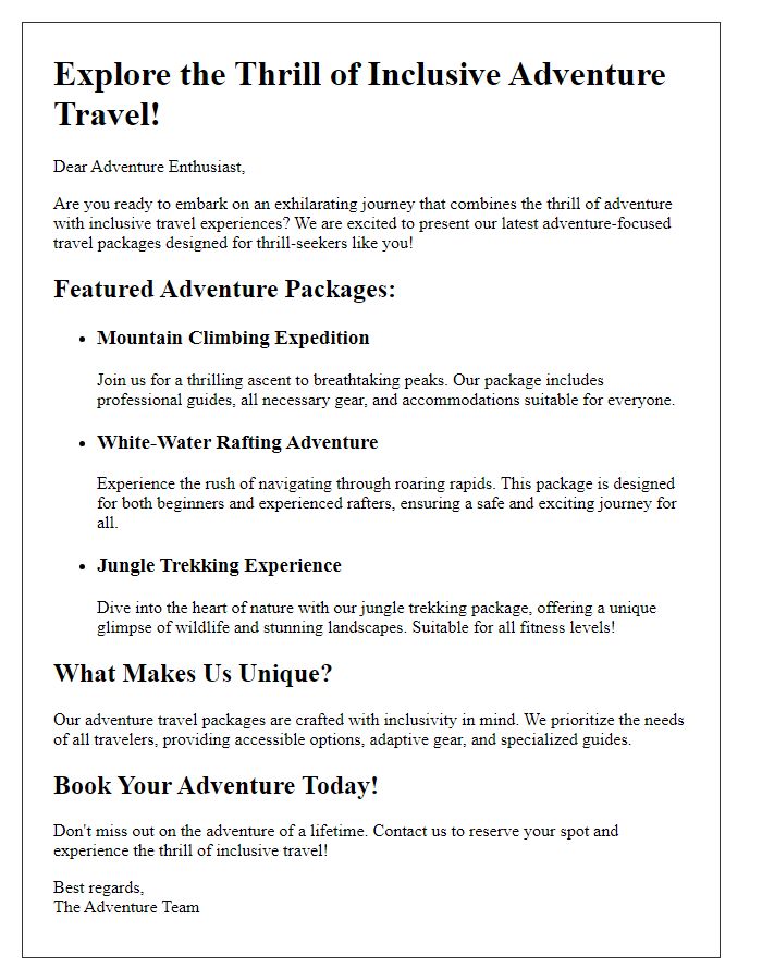 Letter template of adventure-focused inclusive travel packages for thrill-seekers.