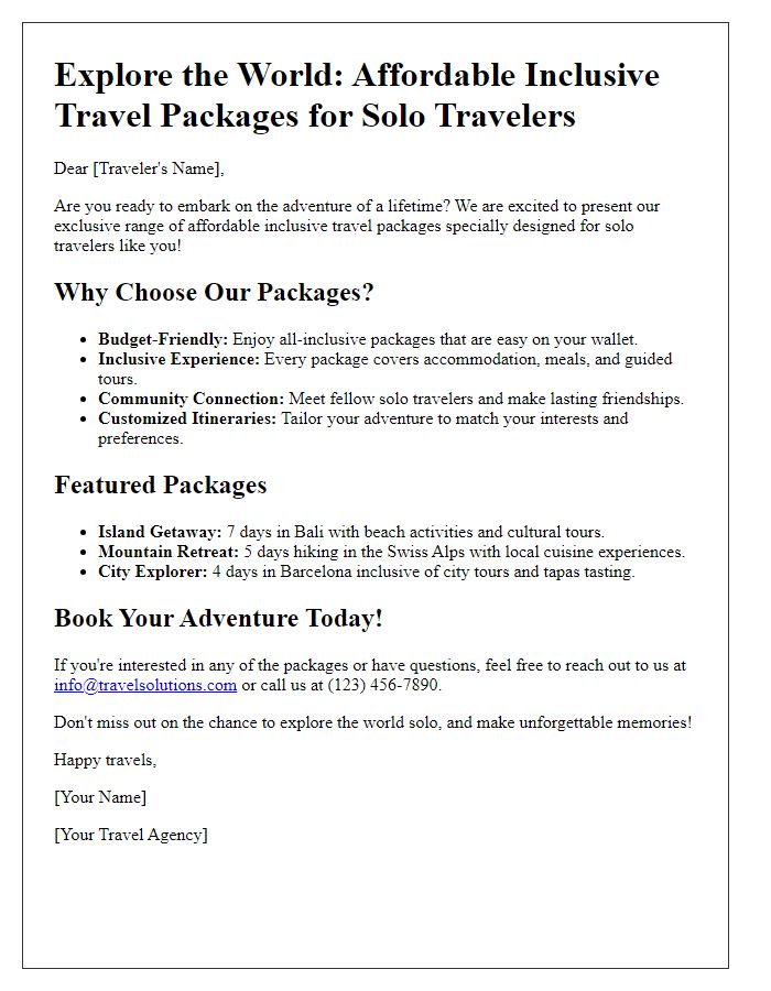 Letter template of affordable inclusive travel packages for solo travelers.