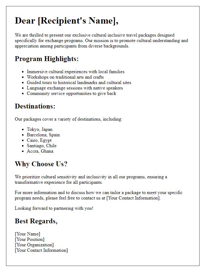 Letter template of cultural inclusive travel packages for exchange programs.