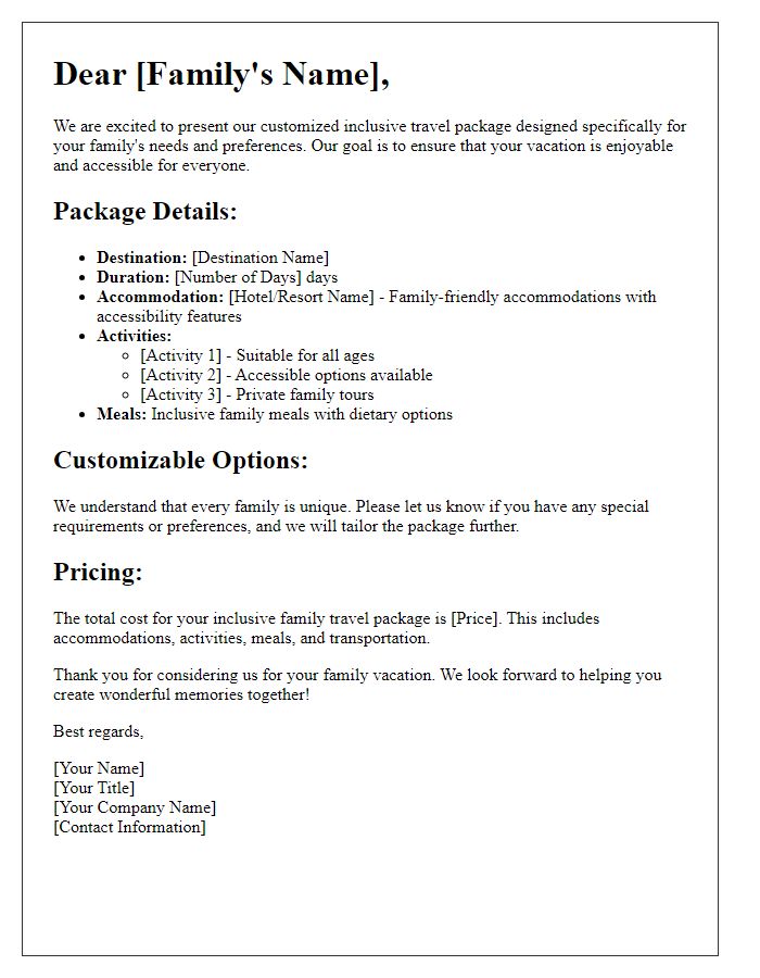 Letter template of customized inclusive travel packages for families.