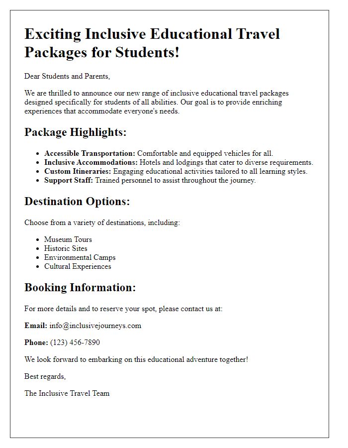 Letter template of educational inclusive travel packages for students.