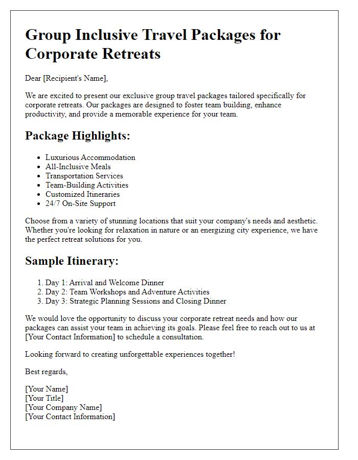 Letter template of group inclusive travel packages for corporate retreats.