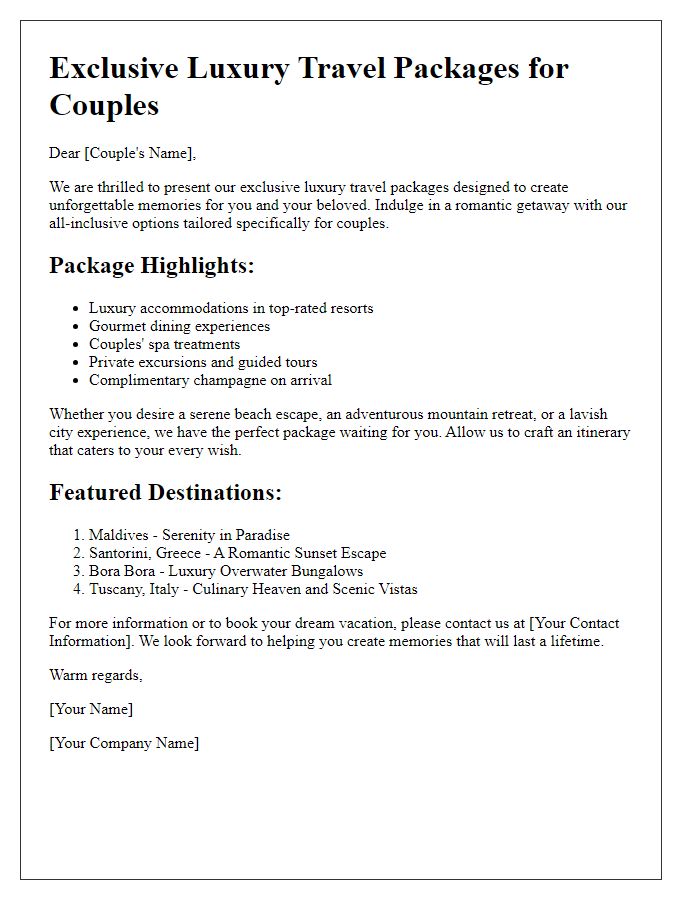 Letter template of luxury inclusive travel packages for couples.