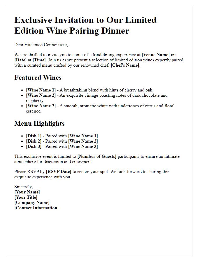 Letter template of limited edition wine pairing dinners for connoisseurs.