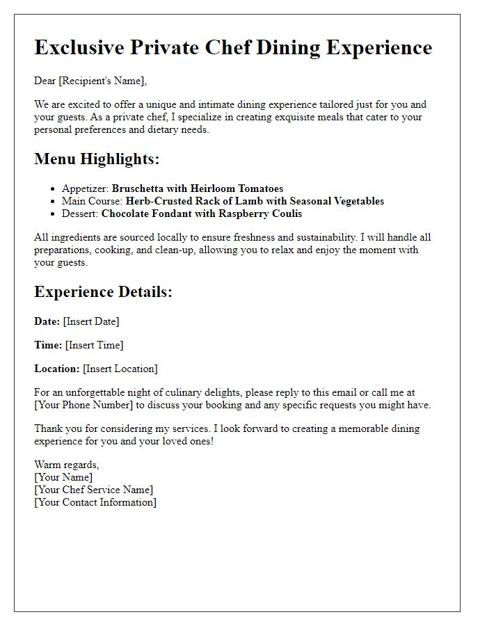 Letter template of private chef dining experiences for intimate gatherings.