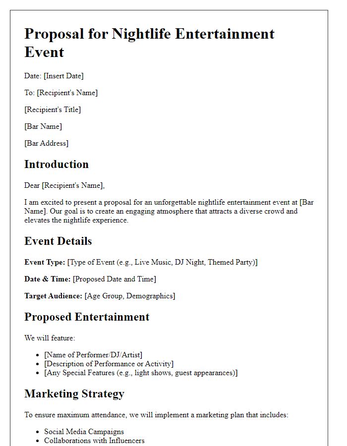 Letter template of nightlife entertainment proposal for a bar event.