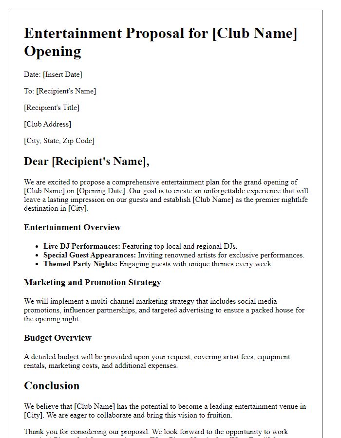 Letter template of nightlife entertainment proposal for a club opening.