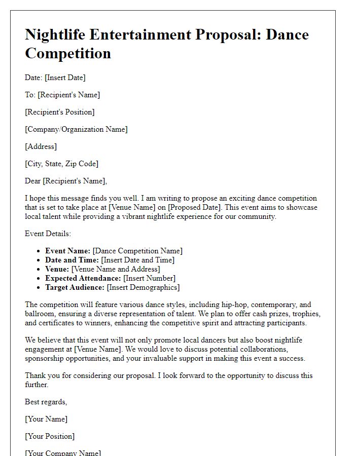 Letter template of nightlife entertainment proposal for a dance competition.