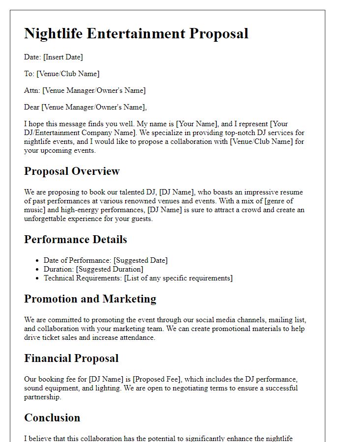 Letter template of nightlife entertainment proposal for a DJ booking.