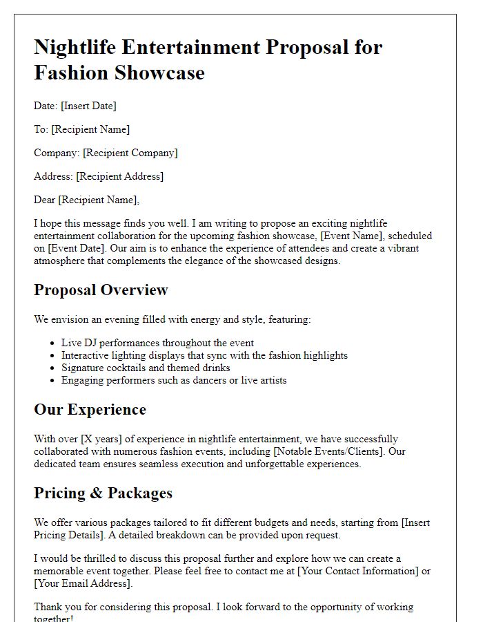 Letter template of nightlife entertainment proposal for a fashion showcase.