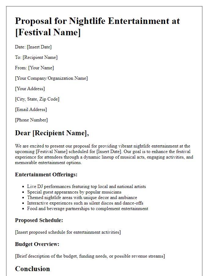 Letter template of nightlife entertainment proposal for a music festival.