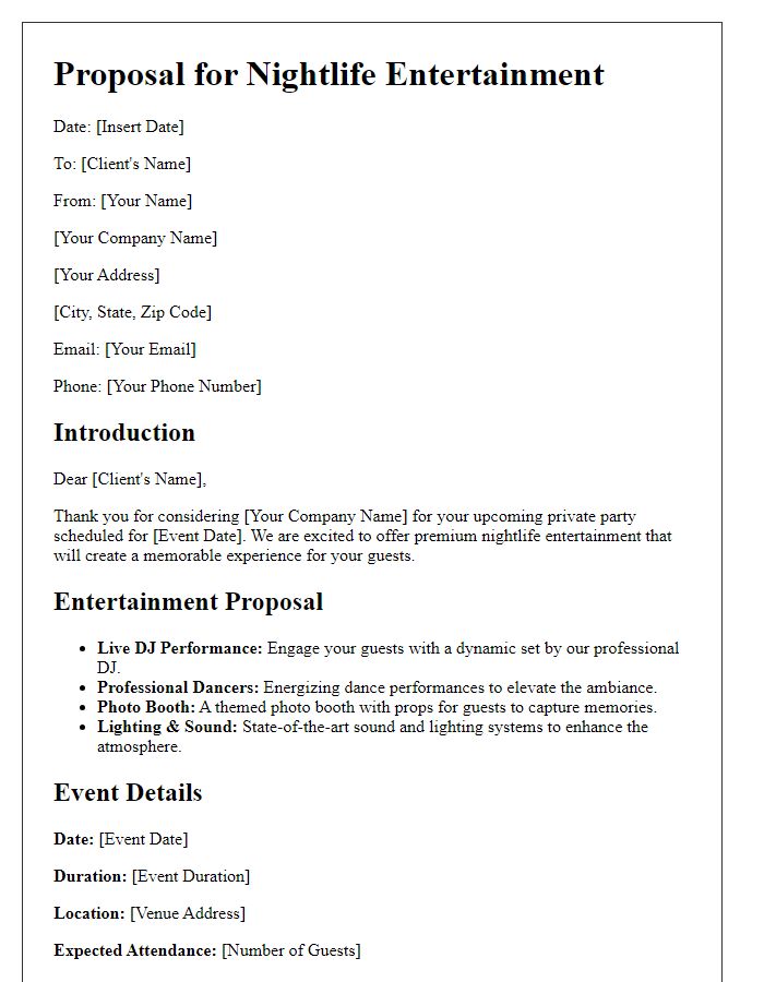 Letter template of nightlife entertainment proposal for a private party.