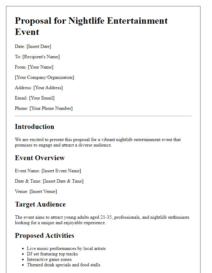 Letter template of nightlife entertainment proposal for a promotional event.