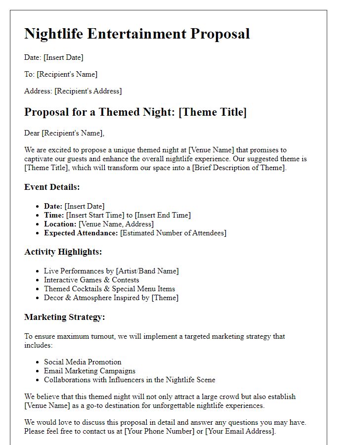 Letter template of nightlife entertainment proposal for a themed night.