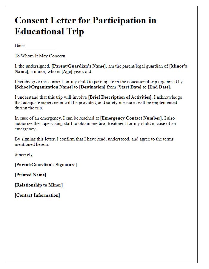 Letter template of consent for minors to participate in educational trips.