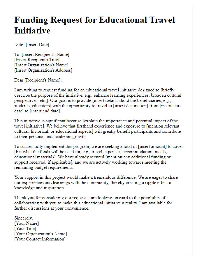 Letter template of funding request for educational travel initiatives.