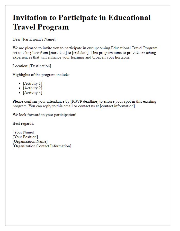 Letter template of invitation for educational travel program participants.