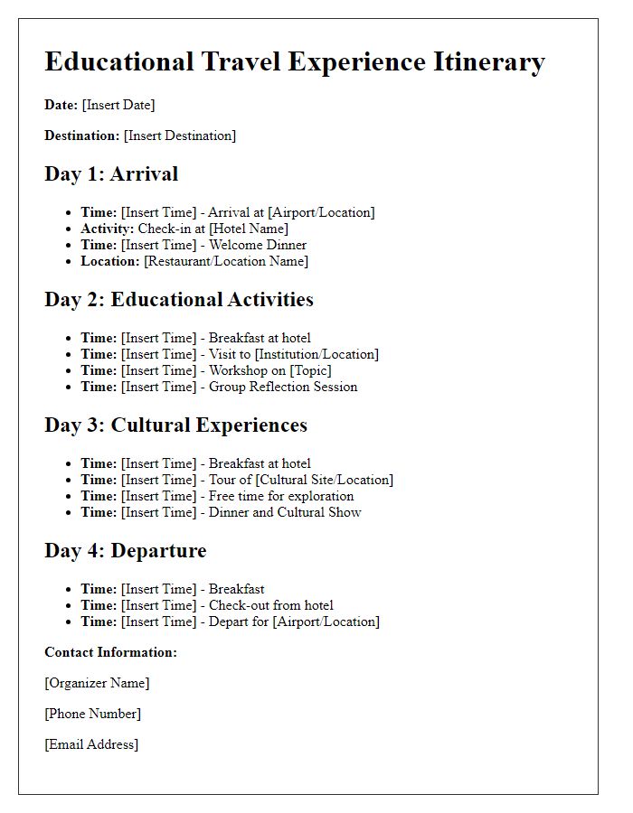 Letter template of itinerary details for educational travel experiences.