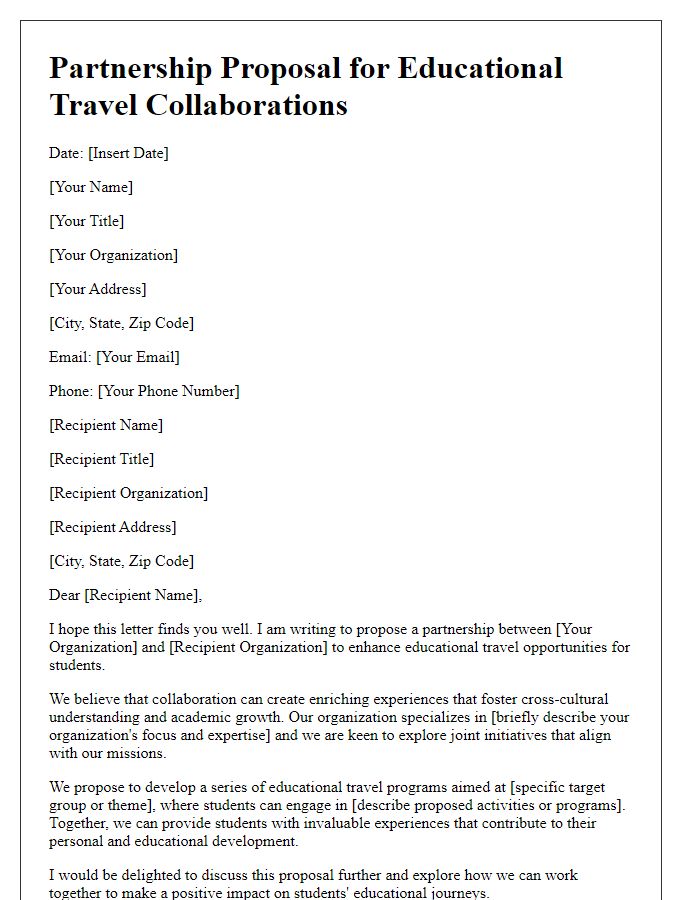 Letter template of partnership proposal for educational travel collaborations.