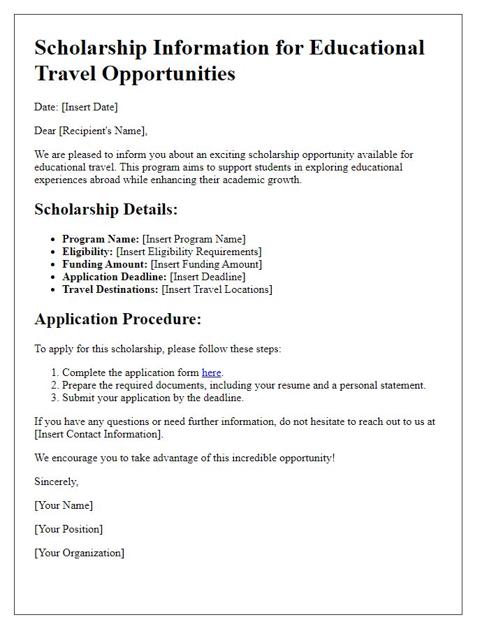 Letter template of scholarship information for educational travel opportunities.