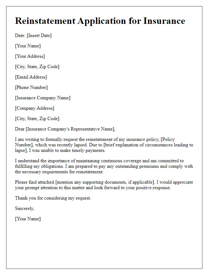 Letter template of formal reinstatement application for insurance