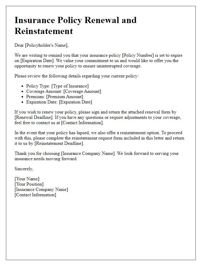 Letter template of insurance policy renewal and reinstatement