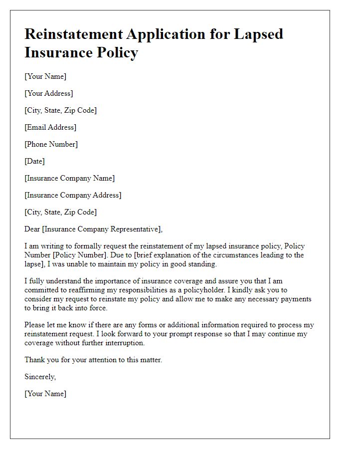 Letter template of reinstatement application for lapsed insurance policy