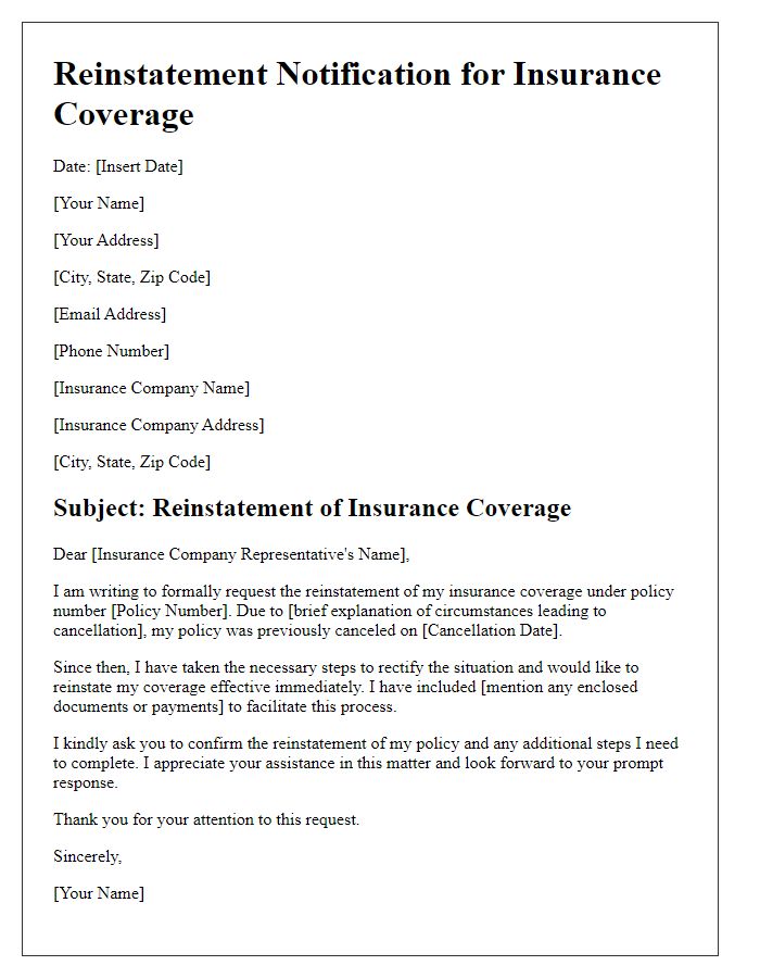 Letter template of reinstatement notification for insurance coverage