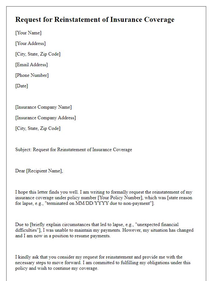 Letter template of request for reinstatement of insurance coverage