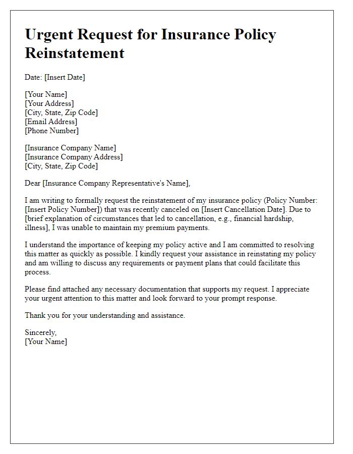 Letter template of urgent request for insurance policy reinstatement