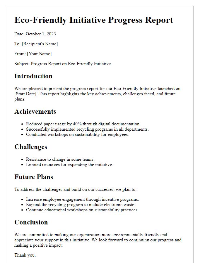 Letter template of eco-friendly initiative progress report