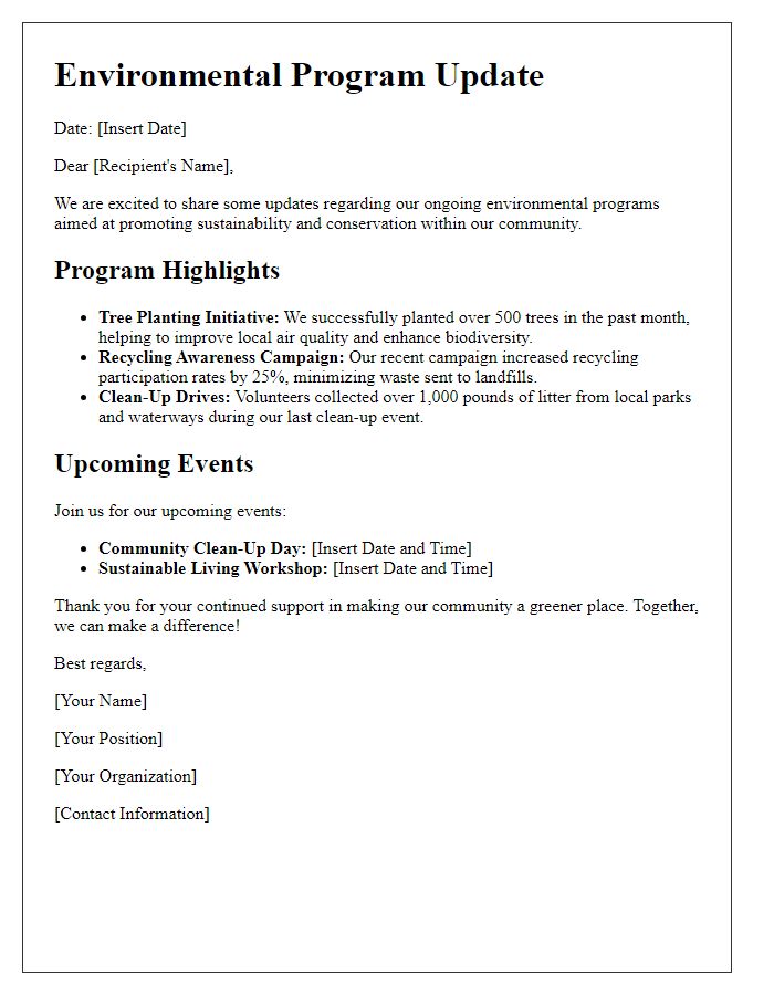 Letter template of environmental program updates