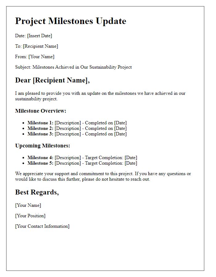 Letter template of sustainability project milestones