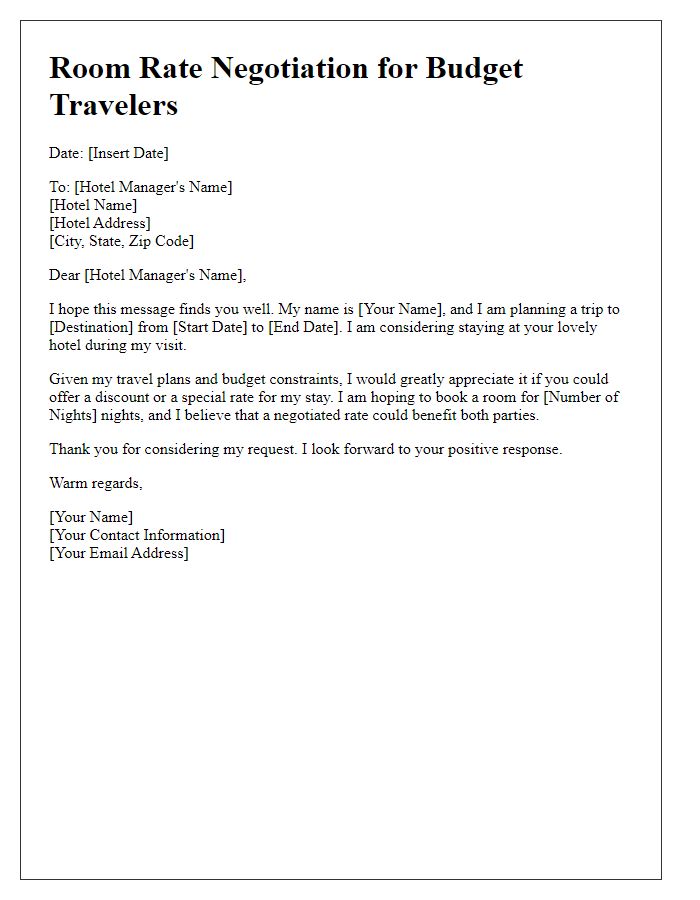 Letter template of room rate negotiation for budget travelers