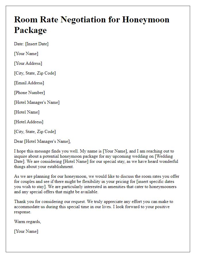 Letter template of room rate negotiation for honeymoon packages